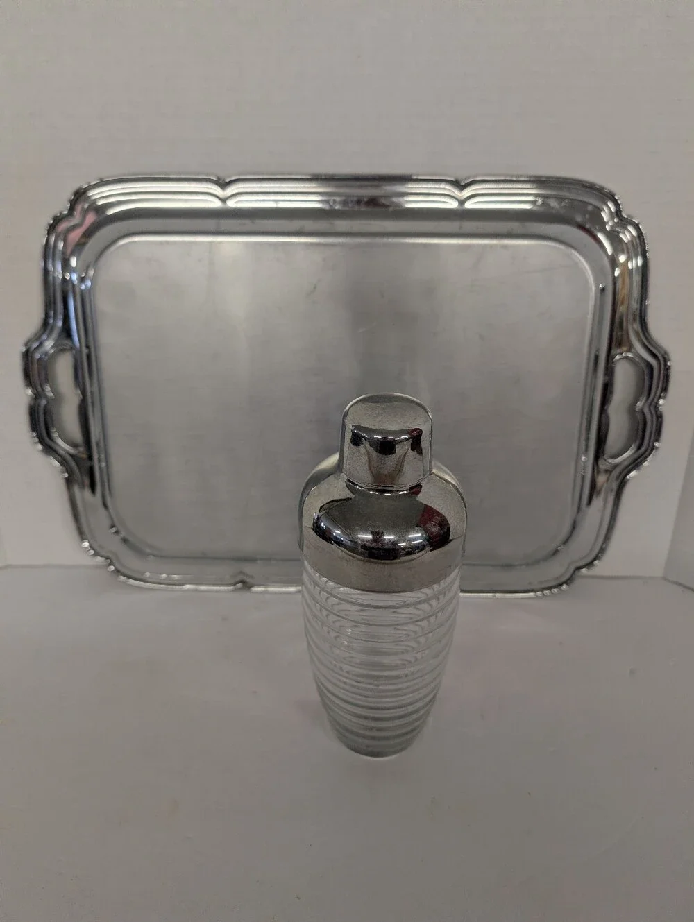 Vintage MID CENTURY MODERN Silver Tray With Cocktail Shaker